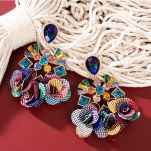 Casting Jeweled Earring with Fabric Flower Charm